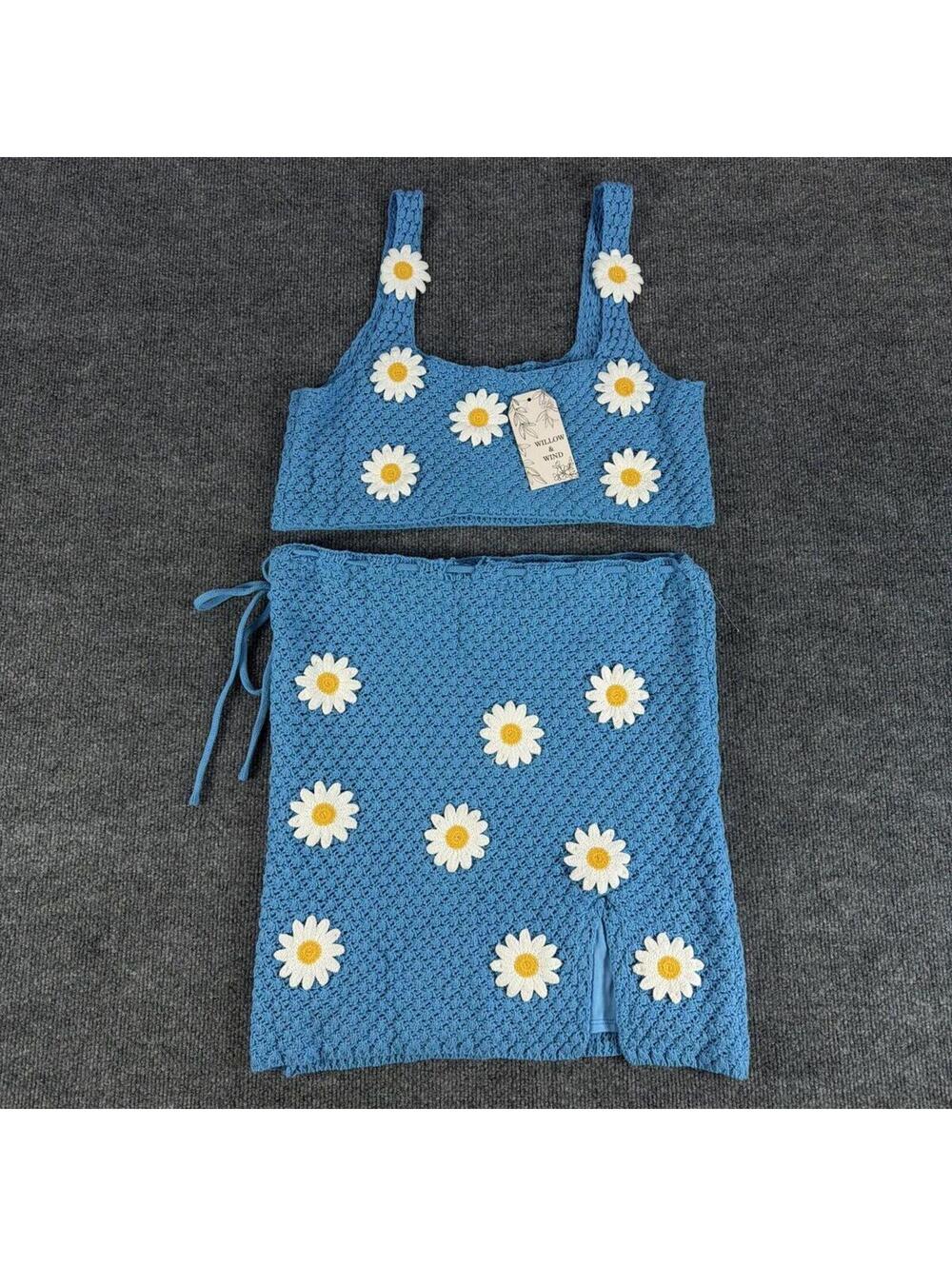NWT Willow &‎ Wind Blue Crochet Daisy Crop Top & Skirt Set Large - Knit, Summer